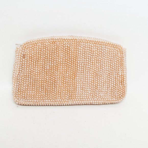 Vintage Hand Beaded Pearl Clutch Champagne Pearls Satin lining Coin Purse 7" - Picture 3 of 6